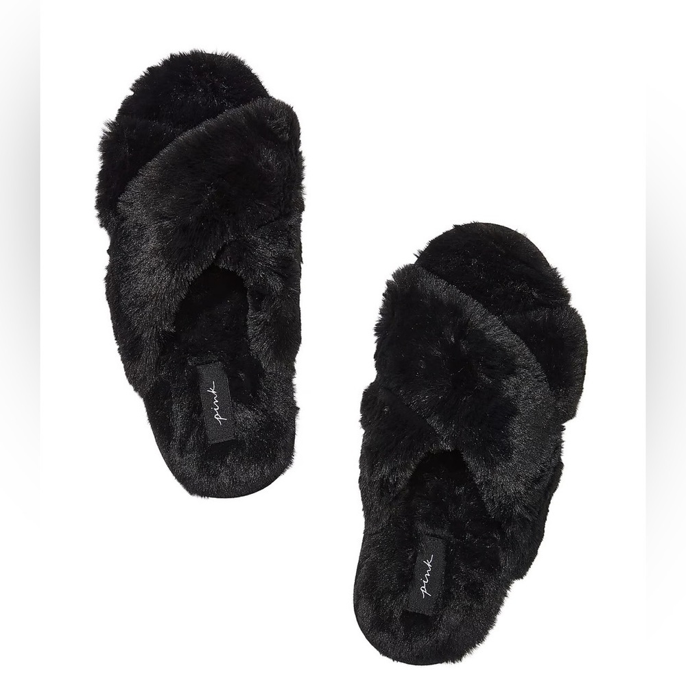 Faux Fur Slippers Black‎ small